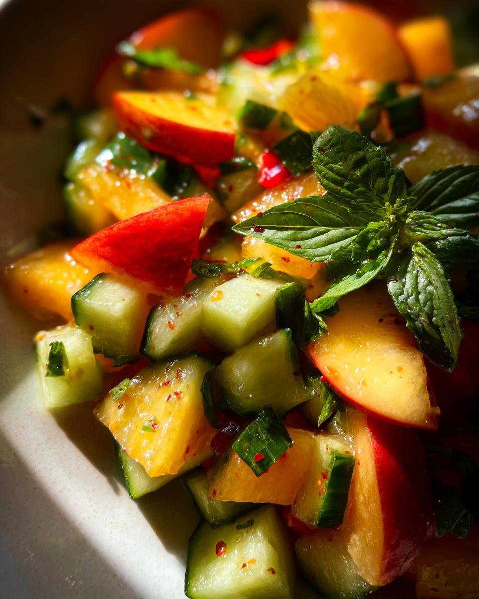 Close-up of a Refreshing Nectarine Salad With Cucumber Delight, featuring diced nectarines, cucumbers, mint, and chili flakes.