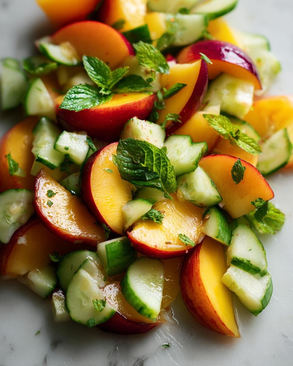 Close-up of a refreshing nectarine salad with cucumber and mint, showcasing vibrant colors and fresh ingredients.