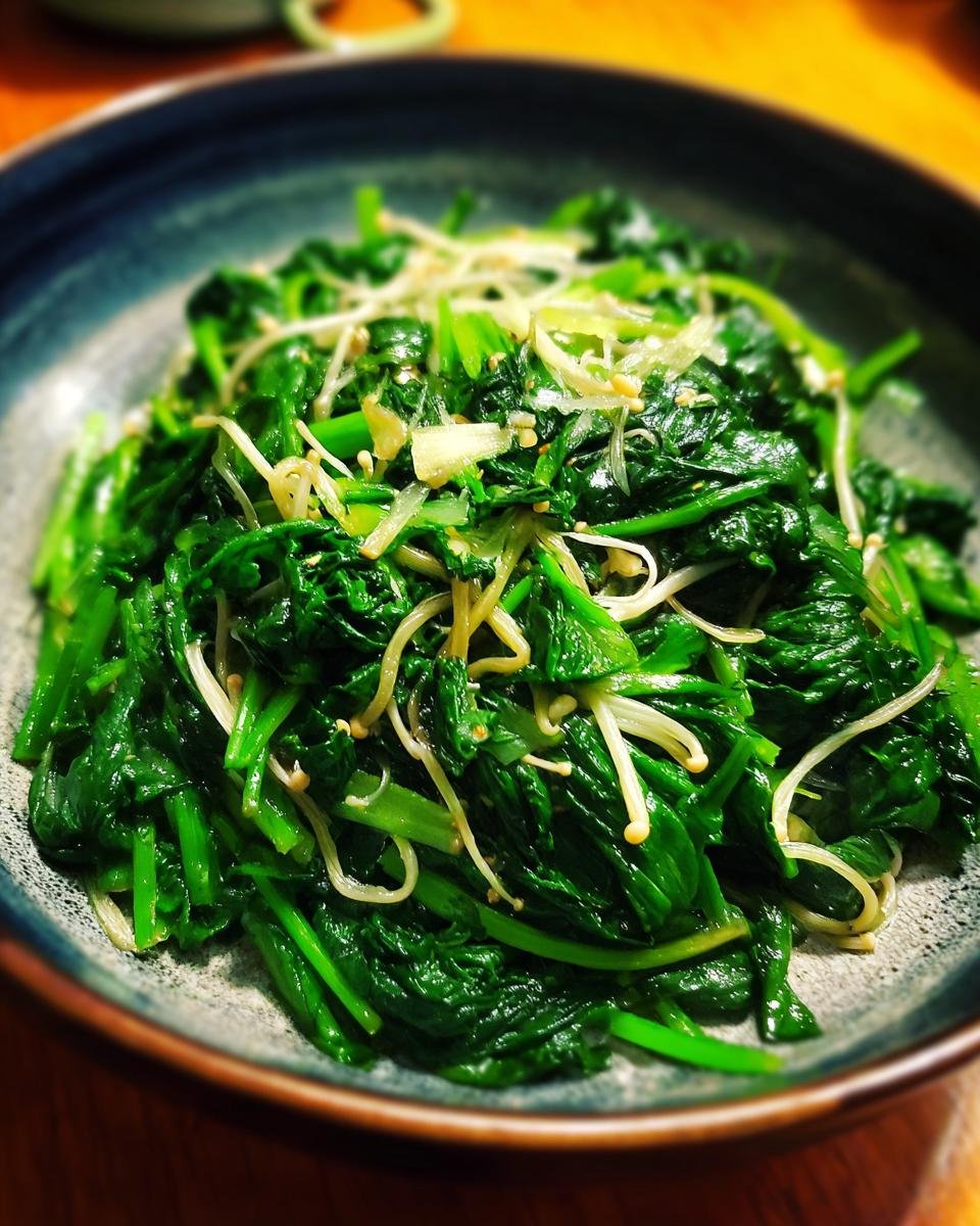 A close-up of a bowl filled with vibrant green sautéed spinach and delicate enoki mushrooms, seasoned with sesame seeds.