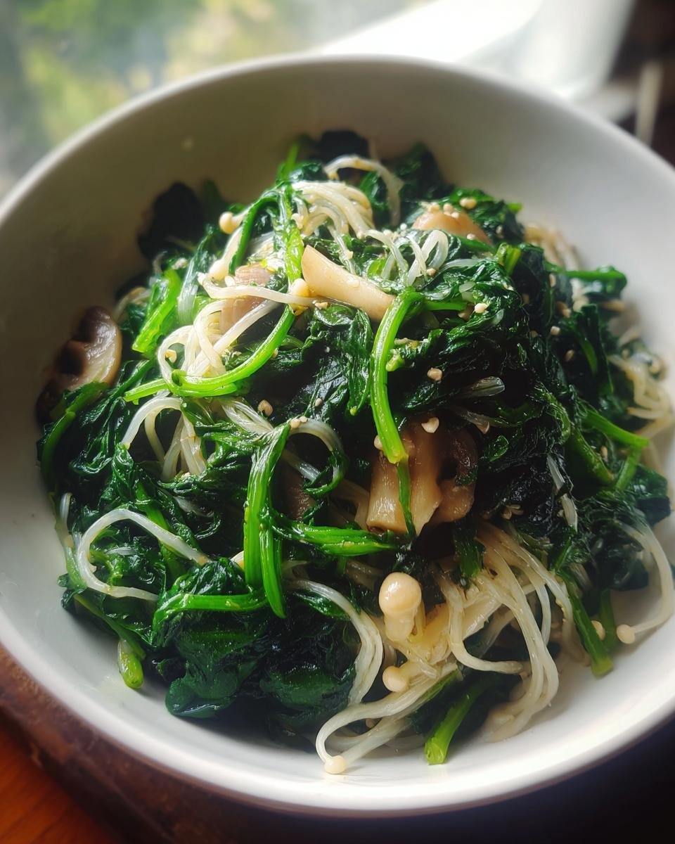 A close-up of a white bowl filled with sautéed spinach and enoki mushrooms, garnished with sesame seeds.