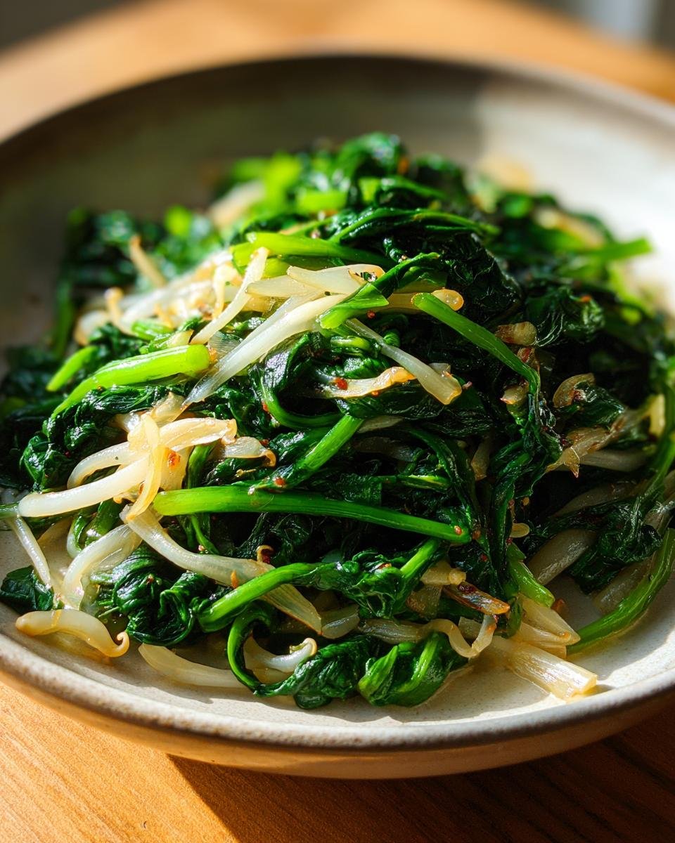 Close-up of sautéed spinach and enoki mushrooms with onions and chili flakes in a bowl.