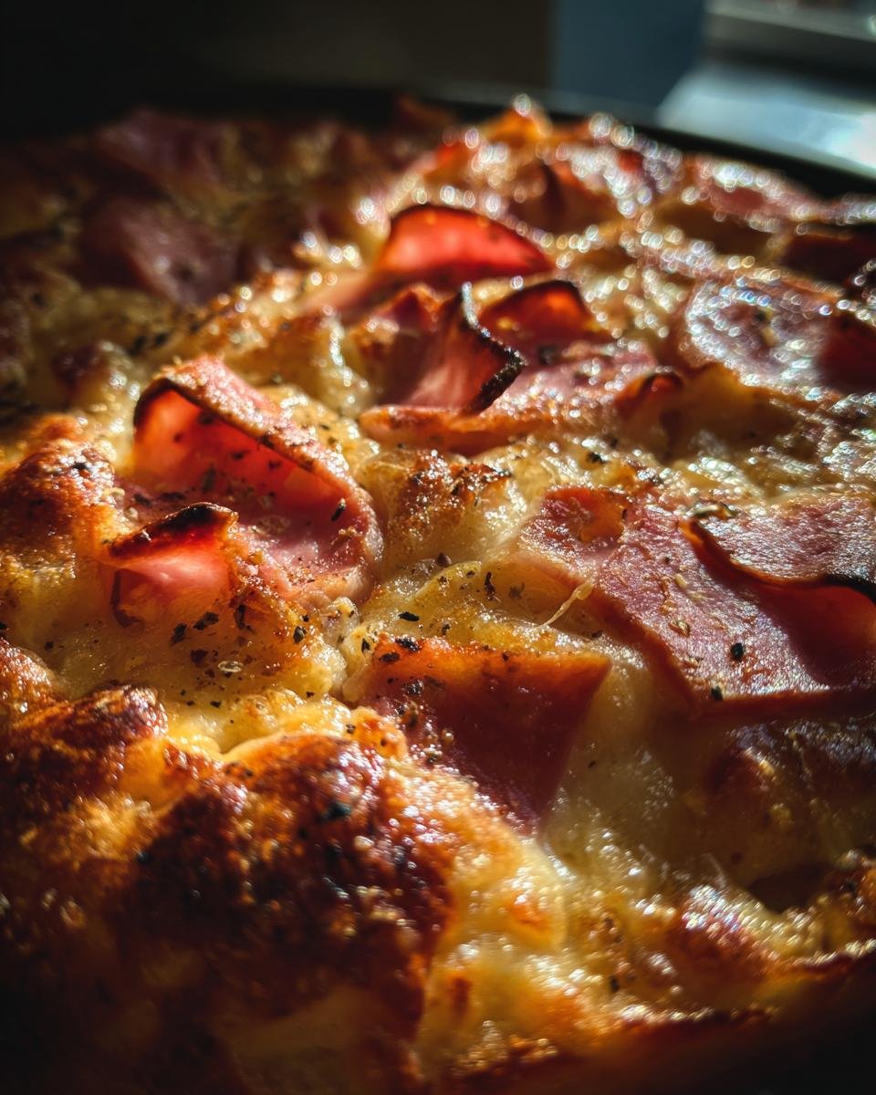 Close-up of a golden-brown Savory Ham and Gruyère Cake with melted cheese and ham slices.