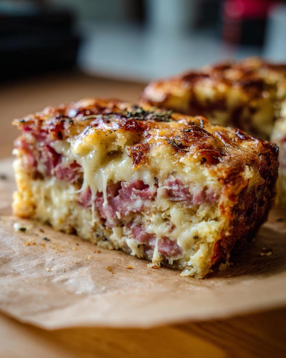 A thick slice of Savory Ham and Gruyère Cake, showing layers of ham, melted cheese, and a golden crust.