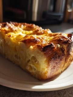 A golden brown slice of Savory Ham and Gruyère Cake on a white plate, with a flaky crust.