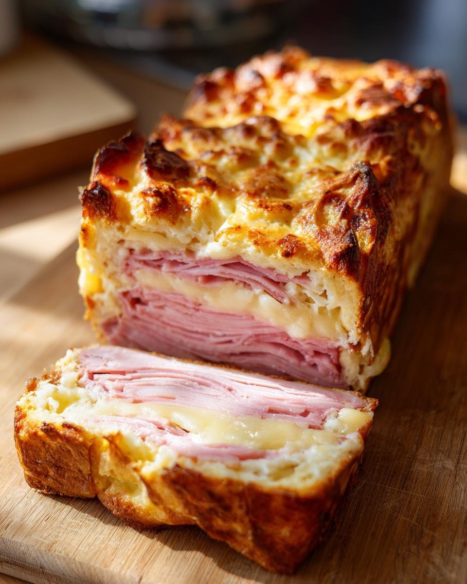 A slice of Savory Ham and Gruyère Cake with layers of ham and melted cheese, golden brown crust.