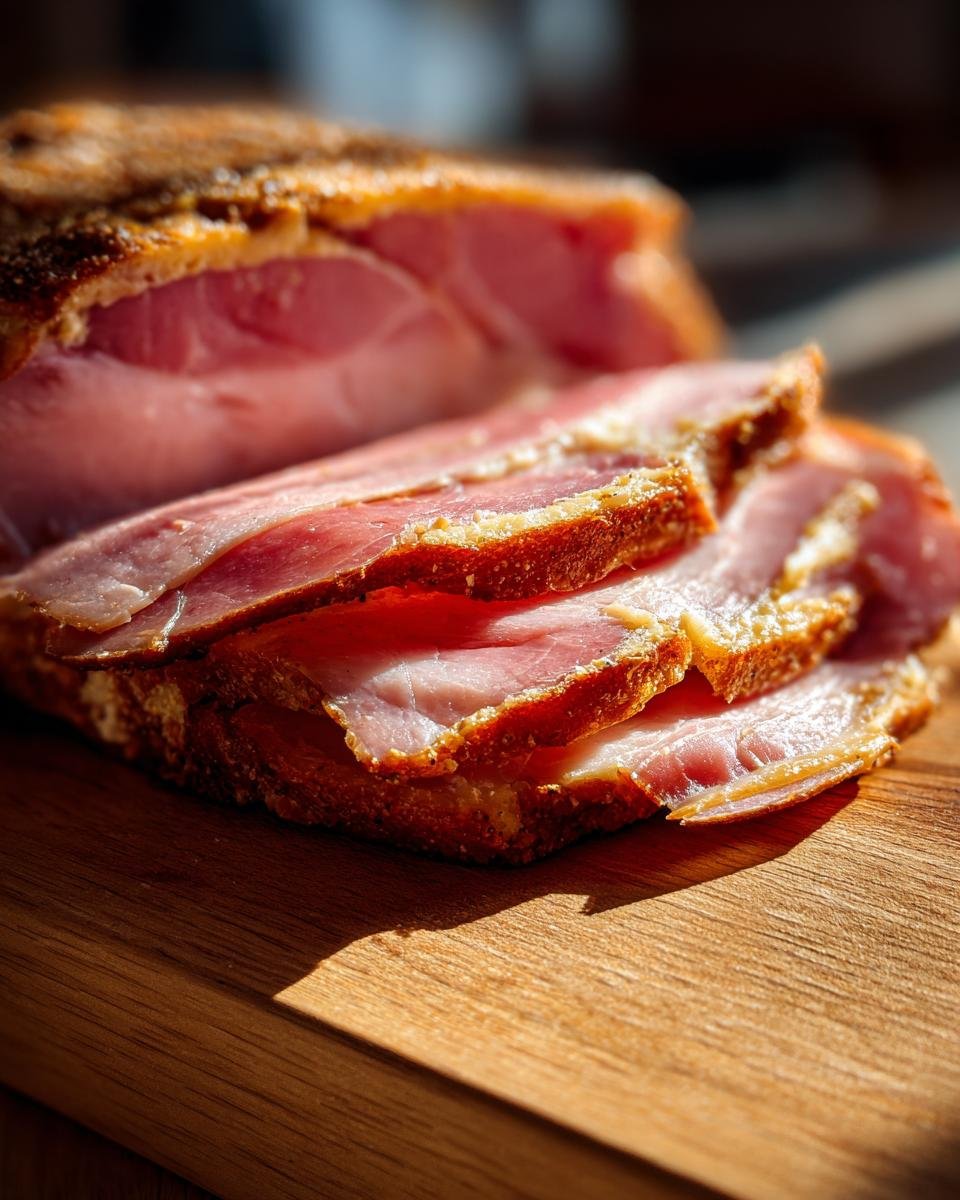 Close-up of sliced Savory Ham and Gruyère Cake on a wooden board, showcasing the layers of ham and cake.