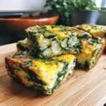 Close-up of Savory Make Ahead Frittata Squares With Spinach Delight, showcasing fluffy eggs and vibrant spinach.