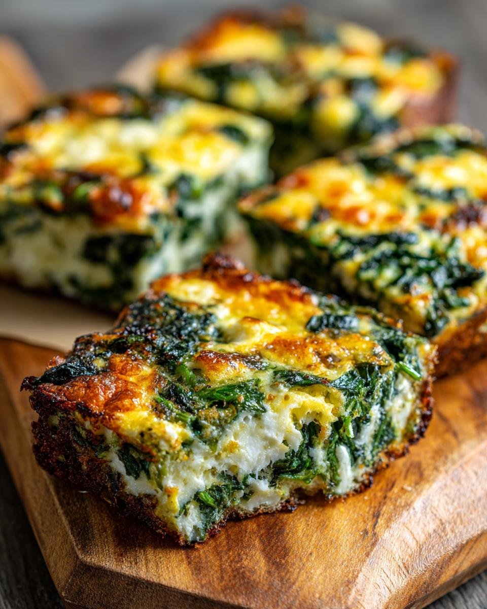 Close-up of Savory Make Ahead Frittata Squares With Spinach Delight, showing layers of egg, cheese, and spinach.