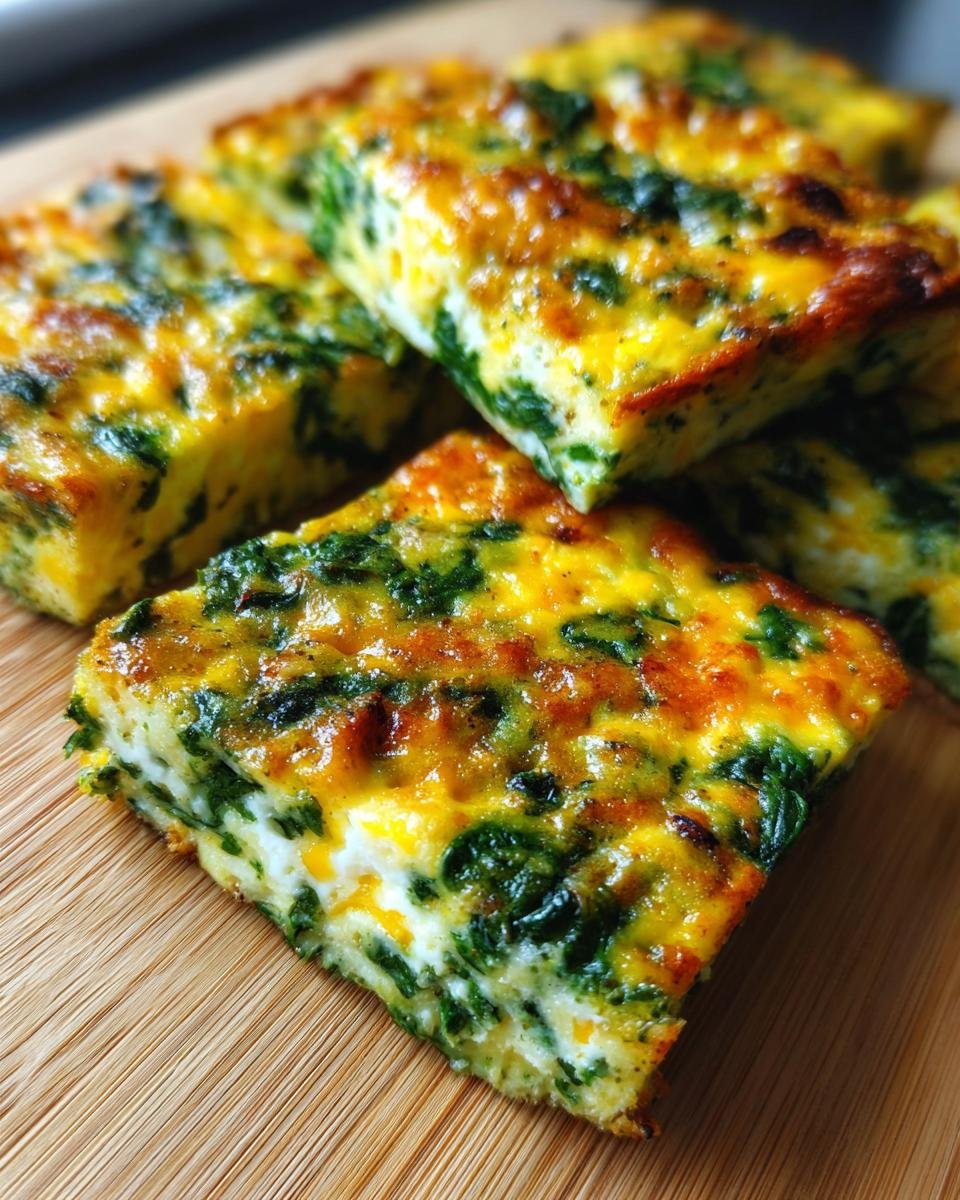 Close-up of Savory Make Ahead Frittata Squares With Spinach Delight, showing layers of egg, spinach, and melted cheese.