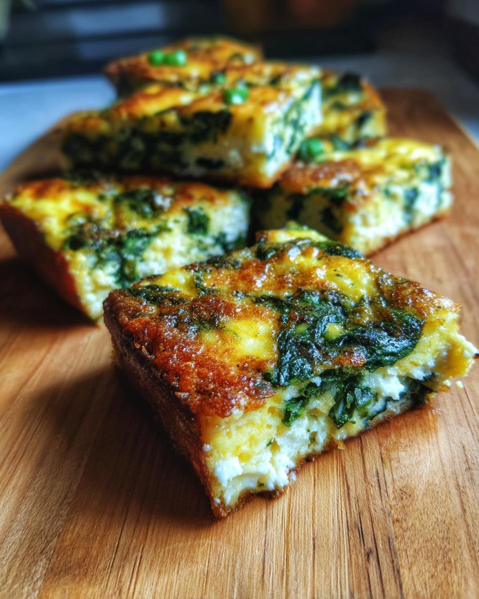 Close-up of a Savory Make Ahead Frittata Squares With Spinach Delight, showing fluffy eggs, spinach, and cheese.