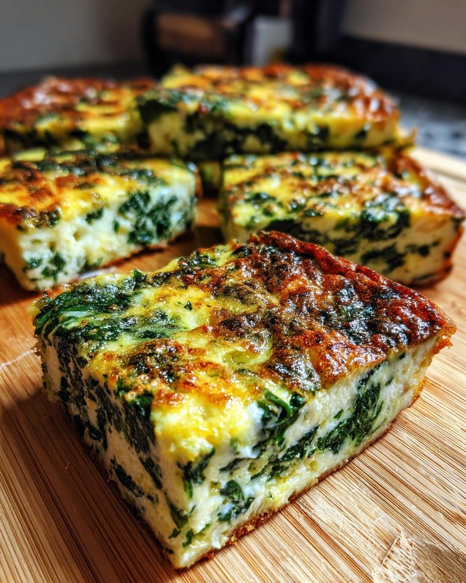 Close-up of a slice of Savory Make Ahead Frittata Squares With Spinach Delight on a wooden board.