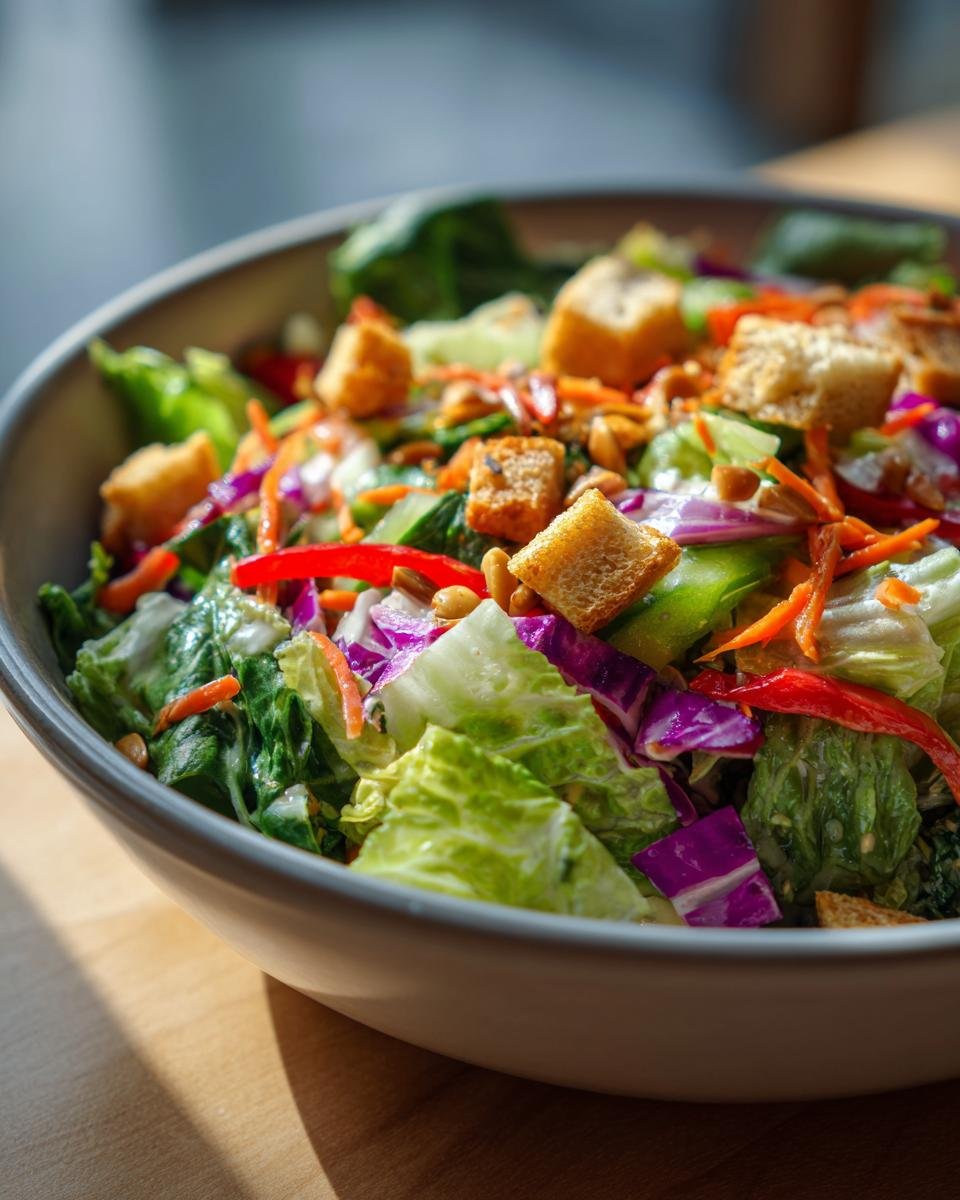 A vibrant Super Crunch Salad in a bowl, featuring lettuce, red cabbage, carrots, red bell peppers, and croutons.