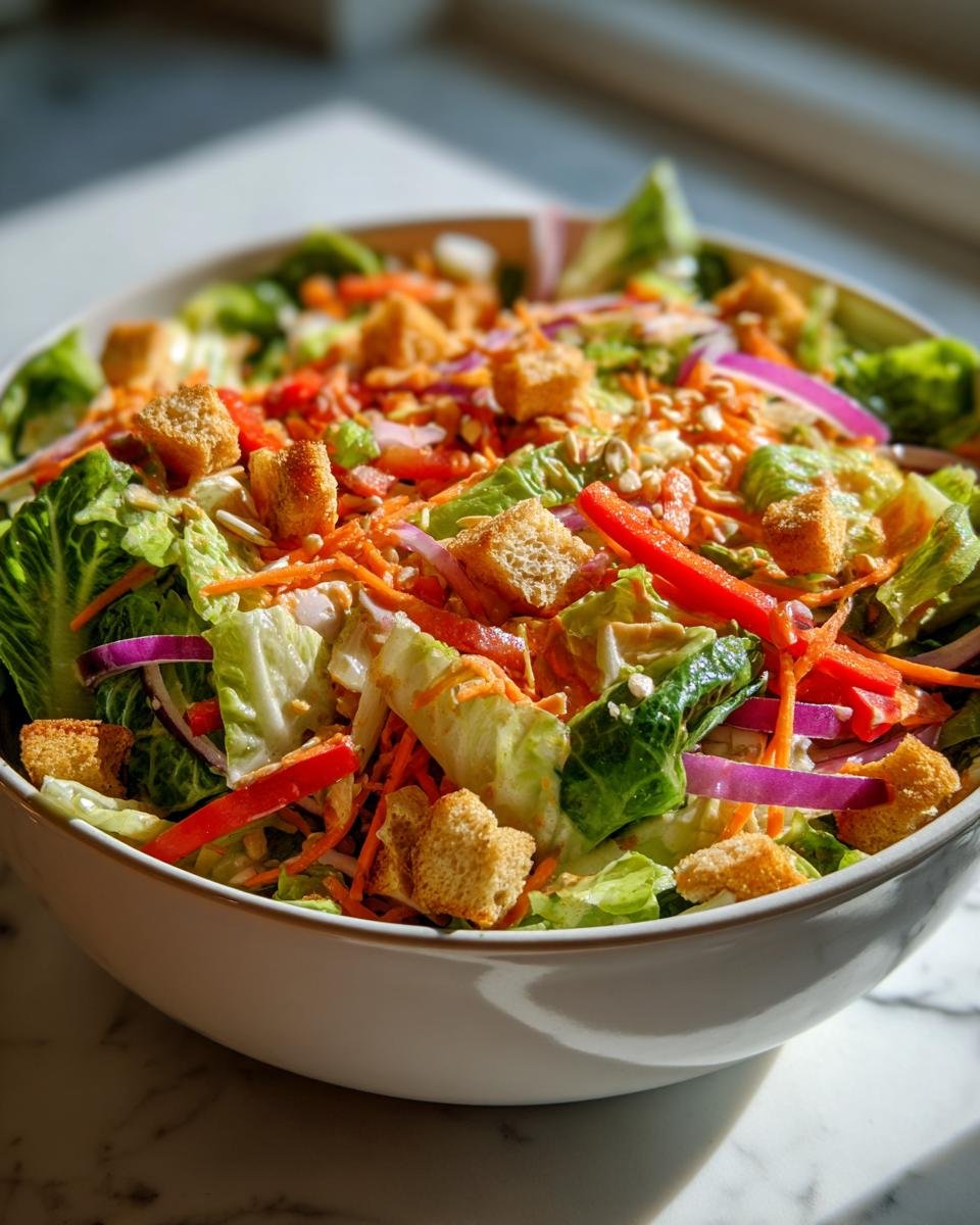 A vibrant Super Crunch Salad in a white bowl, featuring romaine lettuce, shredded carrots, red onion, bell peppers, and croutons.