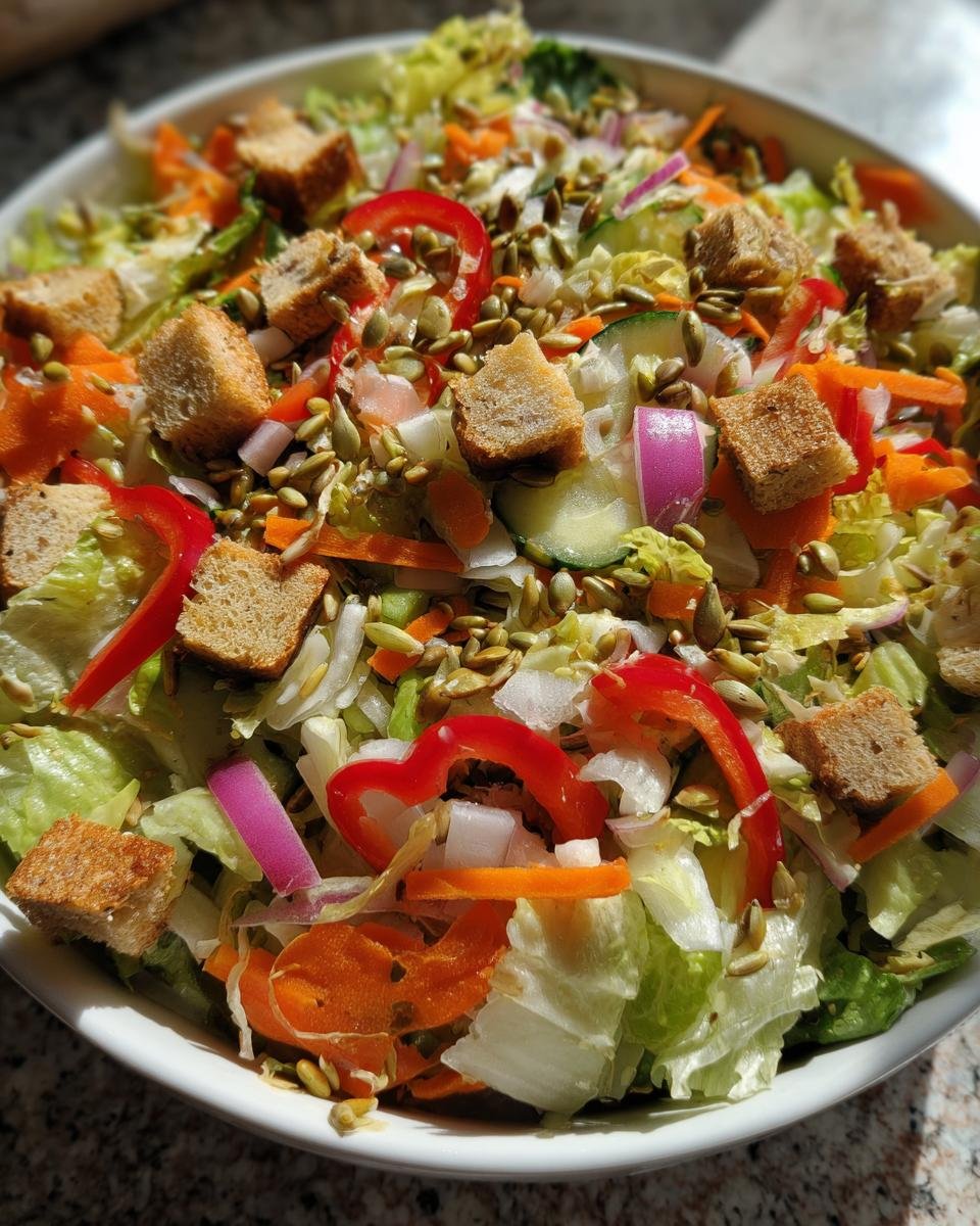 A vibrant bowl of Super Crunch Salad featuring lettuce, carrots, red bell peppers, red onion, cucumber, croutons, and sunflower seeds.