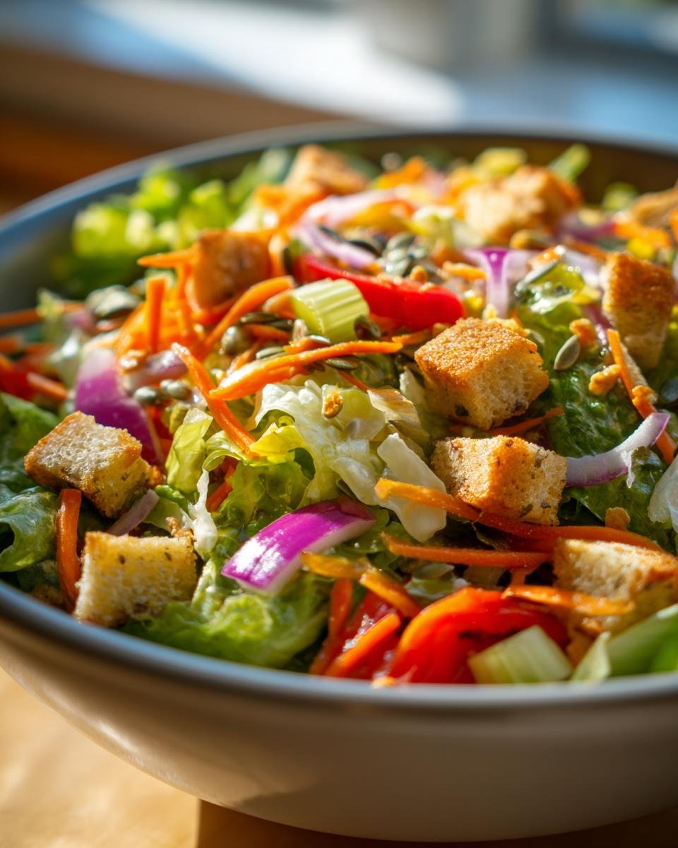 A vibrant Super Crunch Salad in a bowl, featuring crisp lettuce, shredded carrots, red onion, croutons, and seeds.
