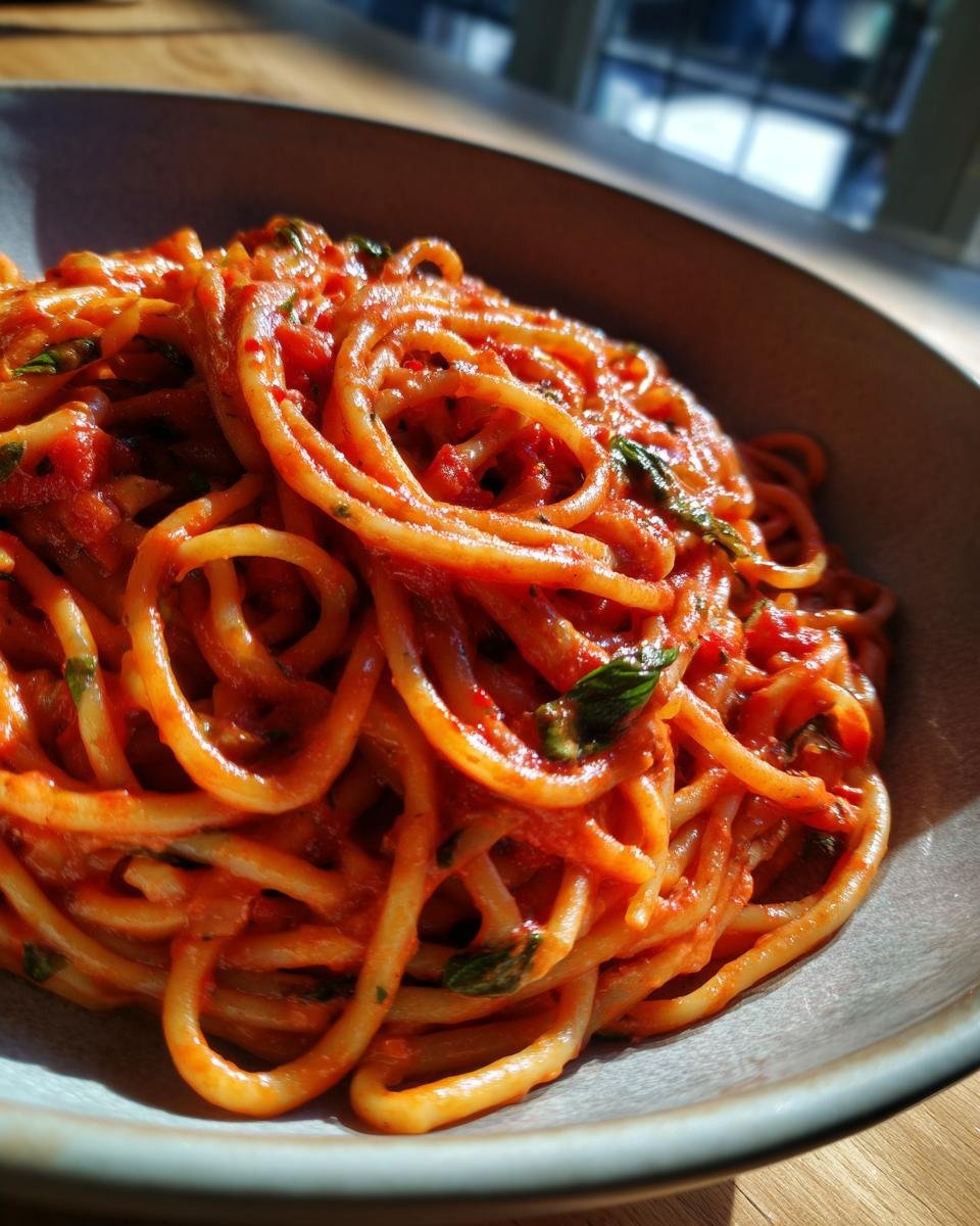 A close-up of a bowl of Super Easy Creamy Tomato Pasta, showcasing perfectly cooked spaghetti coated in a rich tomato sauce with visible herbs.