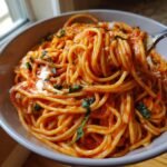 A close-up of a bowl of Super Easy Creamy Tomato Pasta, with spaghetti coated in a rich tomato sauce and garnished with fresh basil.