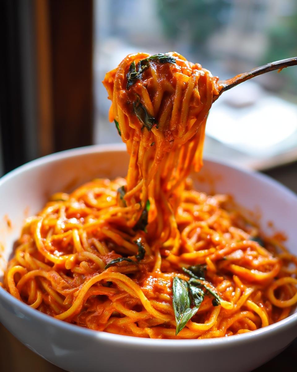 A fork lifts a generous portion of Super Easy Creamy Tomato Pasta from a white bowl, showing the rich tomato sauce and fresh basil.