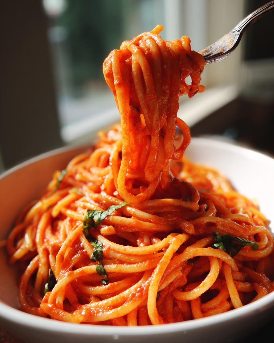 A fork twirls a generous portion of Super Easy Creamy Tomato Pasta, garnished with fresh basil leaves.