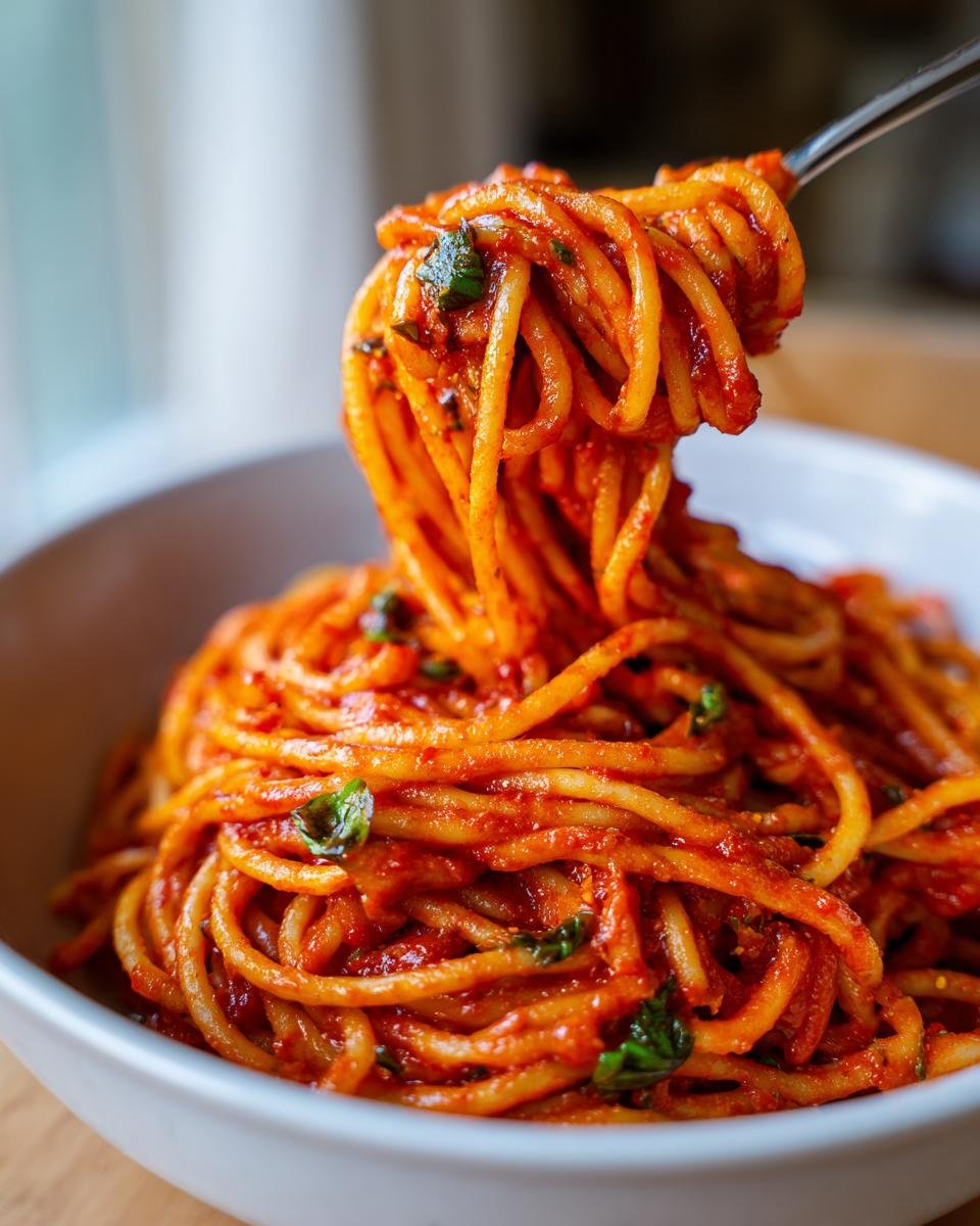 A fork twirls a generous portion of Super Easy Creamy Tomato Pasta, garnished with fresh basil leaves.