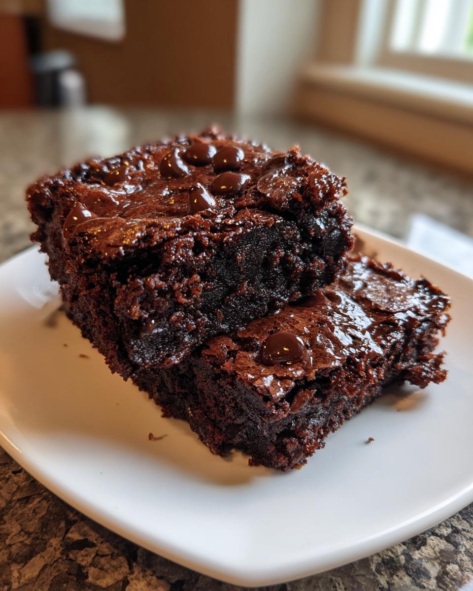 Two rich, fudgy zucchini brownies topped with chocolate chips, ready to indulge in chocolatey goodness.