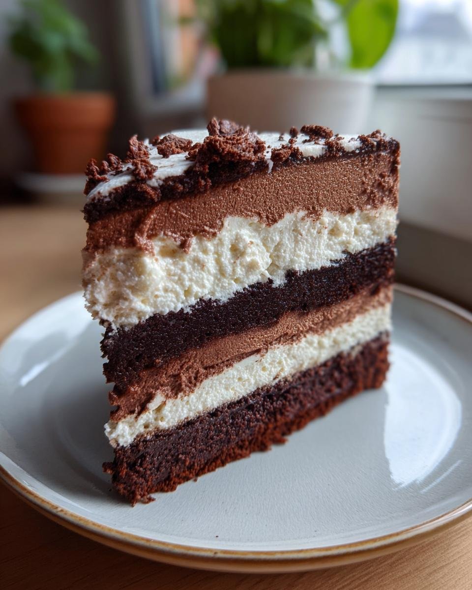 A decadent slice of Triple Chocolate Mousse Cake featuring layers of chocolate cake and mousse.