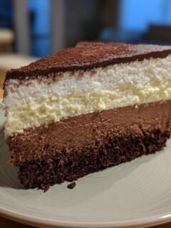 A slice of Triple Chocolate Mousse Cake with three distinct layers: dark chocolate mousse, white chocolate mousse, and a chocolate ganache top.