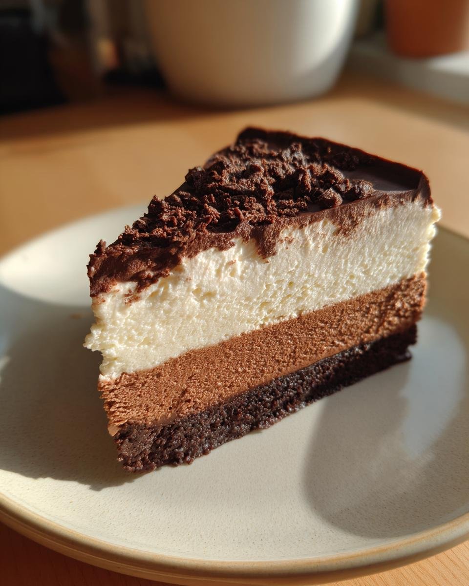 A decadent slice of Triple Chocolate Mousse Cake featuring three distinct layers and chocolate shavings.