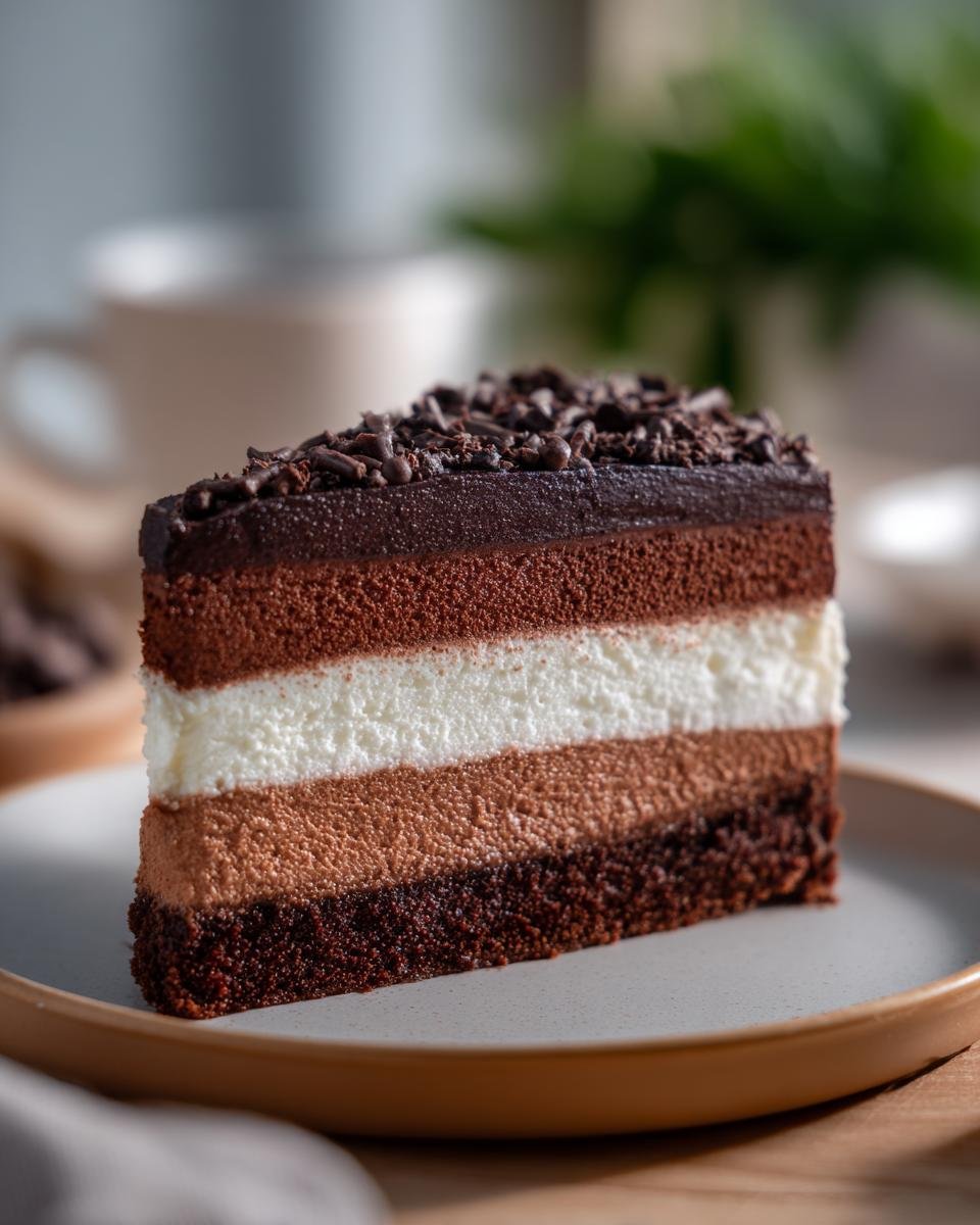A slice of Triple Chocolate Mousse Cake showcasing three distinct chocolate layers and a white mousse layer, topped with chocolate shavings.
