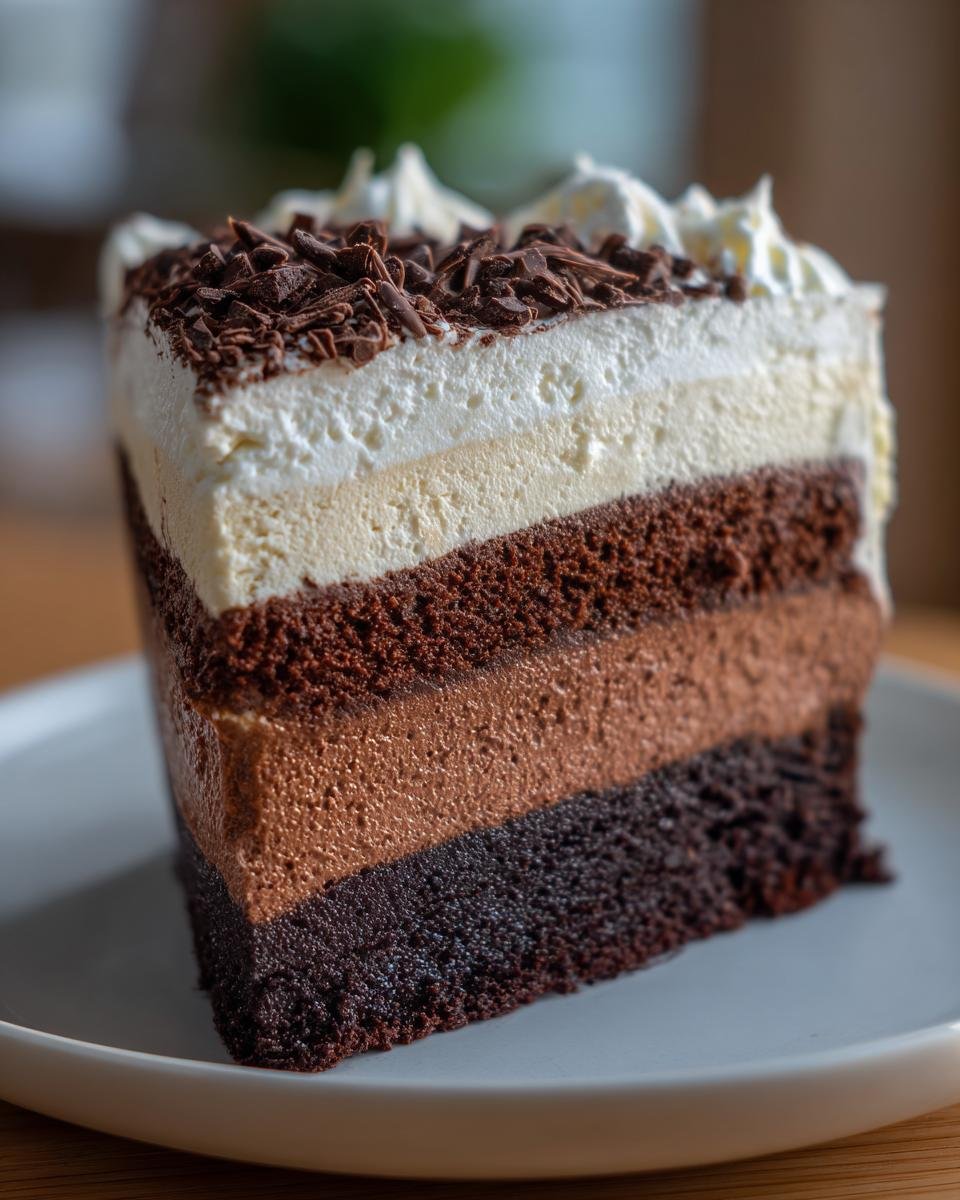 A slice of Triple Chocolate Mousse Cake with three distinct chocolate layers and whipped cream topping.