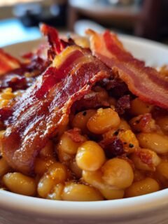 A close-up of a bowl of Ultimate Baked Beans topped with crispy bacon strips.