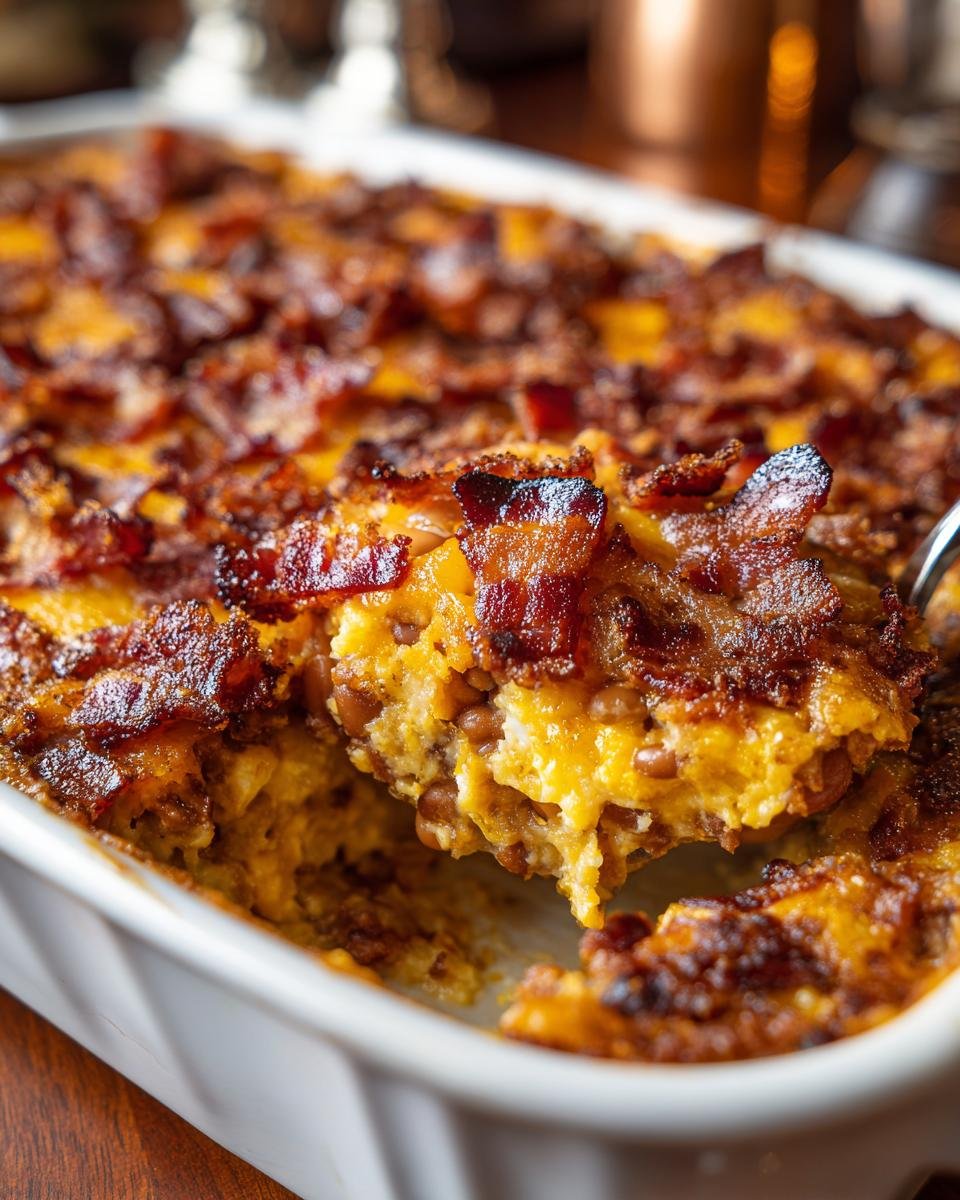 A serving spoon lifts a portion of Ultimate Baked Beans from a white baking dish, topped with crispy bacon.