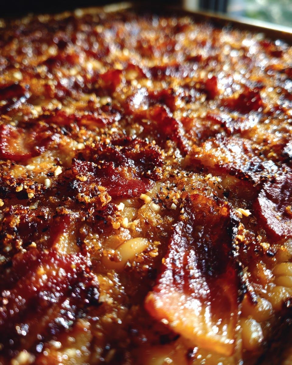 A close-up, overhead view of the Ultimate Baked Beans, topped with crispy bacon and a savory glaze.