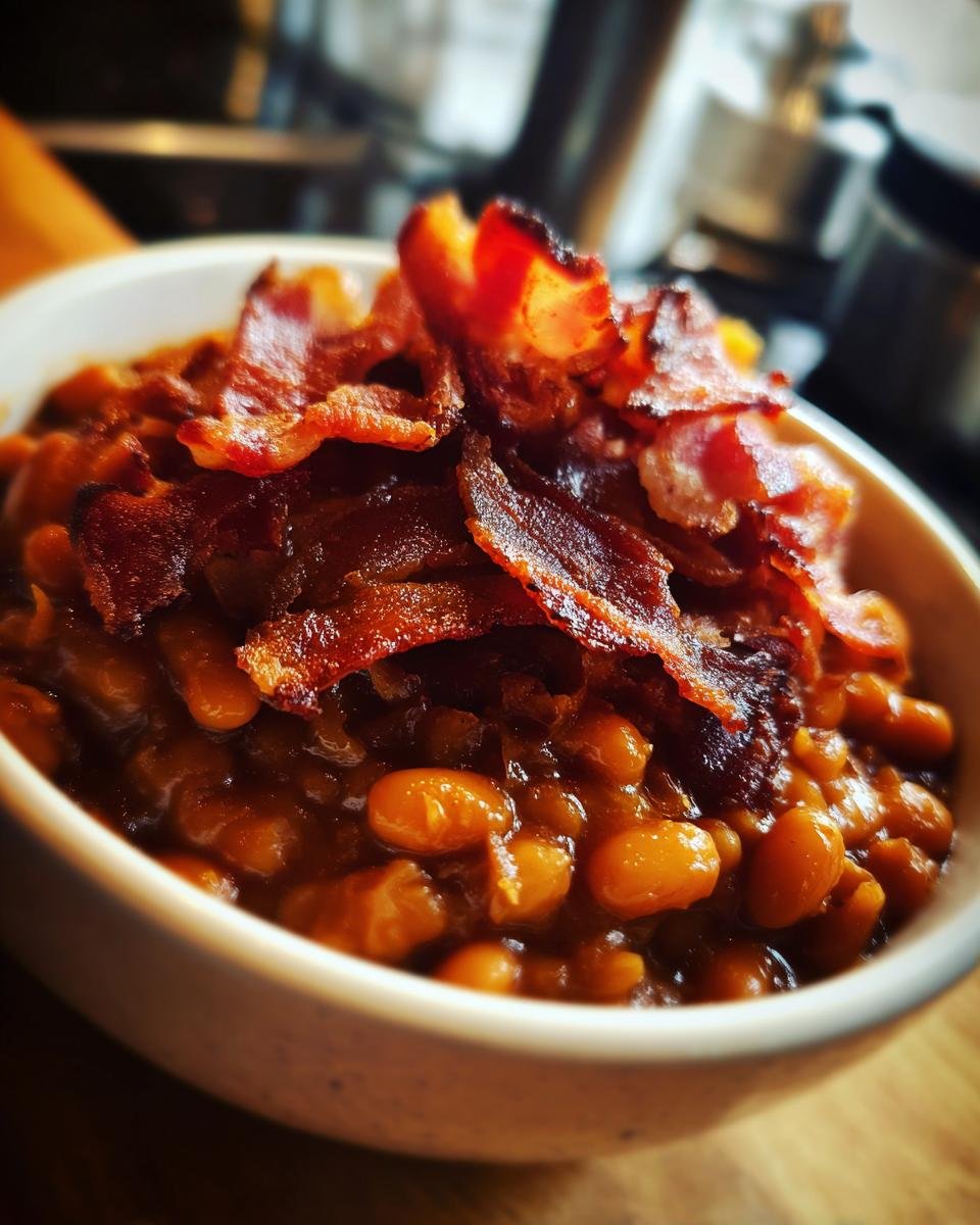 Close-up of a bowl of Ultimate Baked Beans topped with crispy bacon.