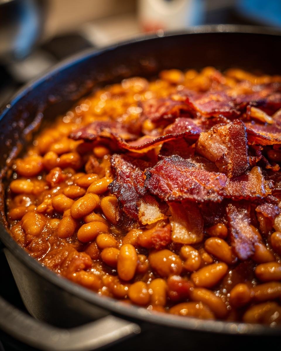 Close-up of Ultimate Baked Beans topped with crispy bacon in a black pot.