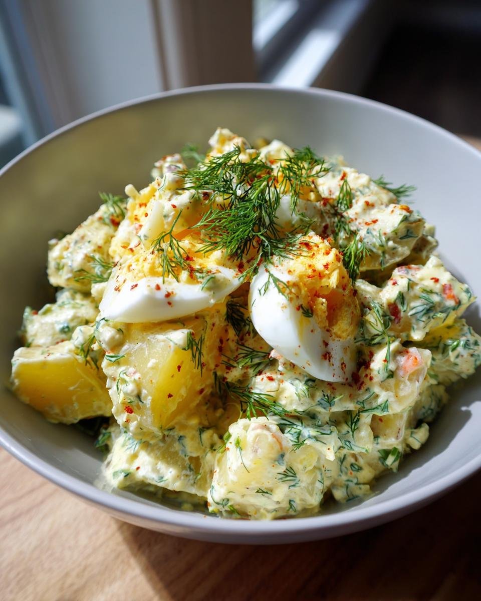 A close-up of Ultimate Delicious Potato Salad in a bowl, topped with hard-boiled eggs and fresh dill.