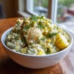 A generous serving of Ultimate Delicious Potato Salad in a white bowl, topped with fresh dill and paprika.