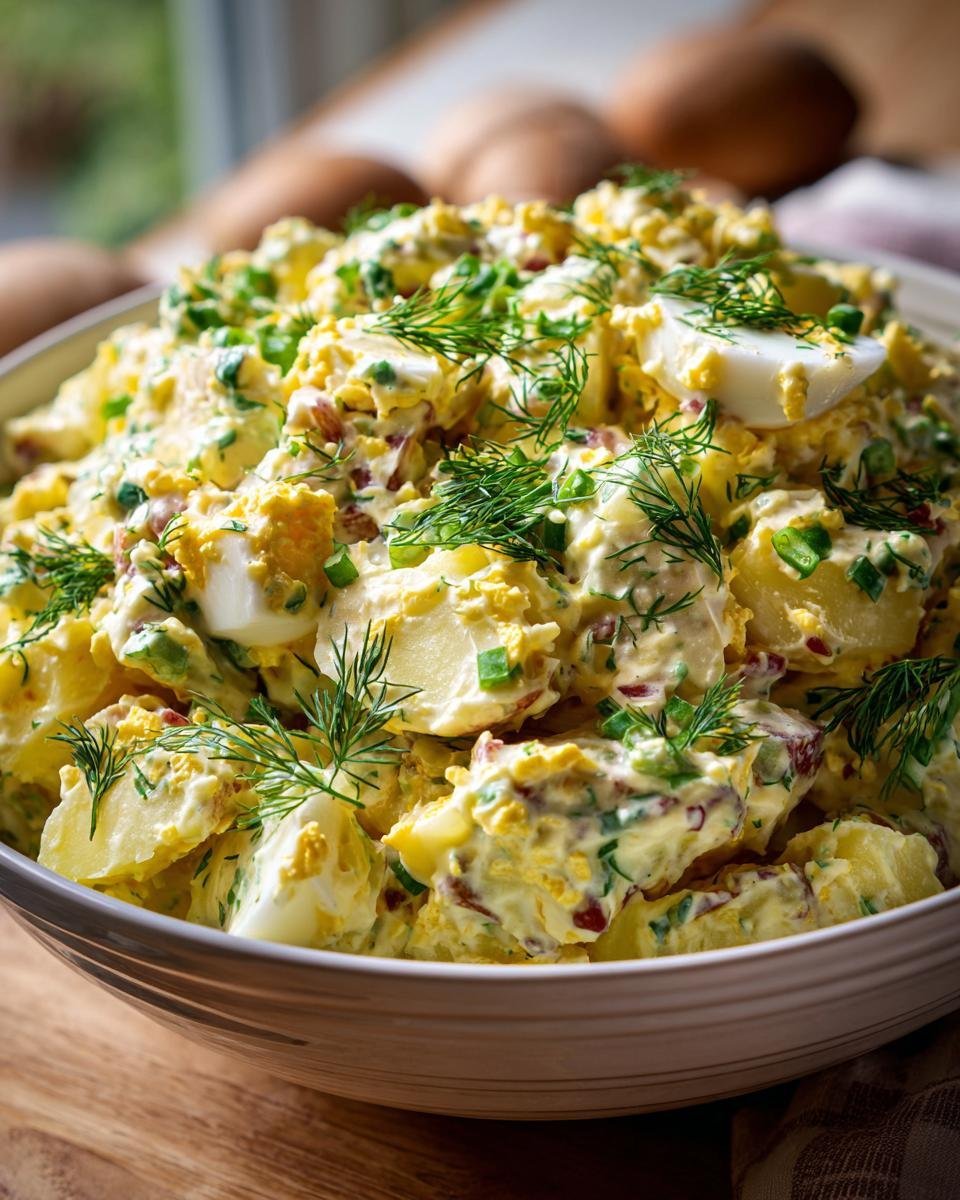A close-up of a bowl filled with Ultimate Delicious Potato Salad, featuring chunks of potato, hard-boiled eggs, and fresh dill.