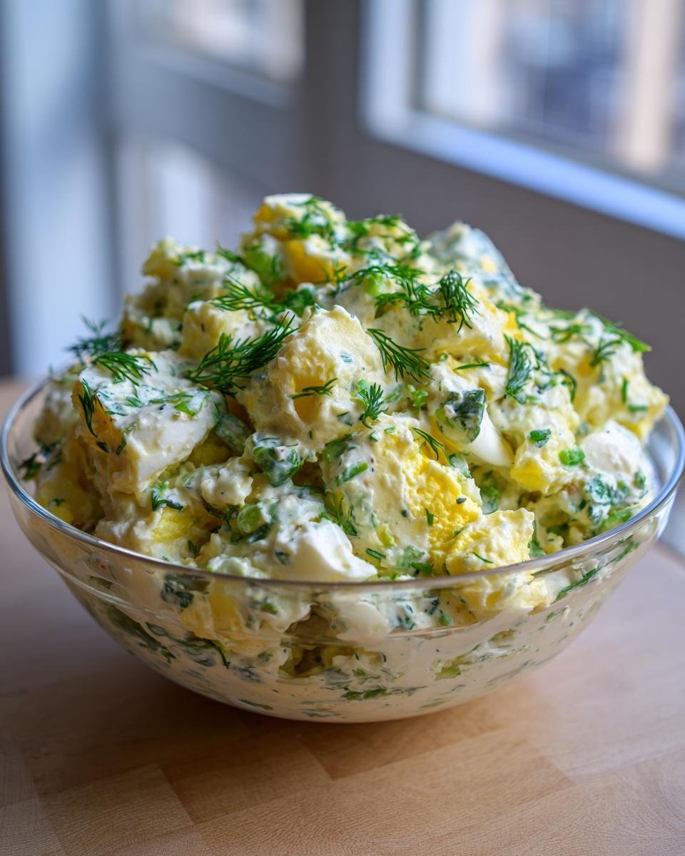 A close-up of a glass bowl filled with Ultimate Delicious Potato Salad, featuring potatoes, hard-boiled eggs, and fresh dill.