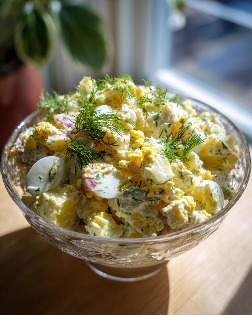 A close-up of Ultimate Delicious Potato Salad in a glass bowl, featuring creamy dressing, potatoes, hard-boiled eggs, and fresh dill.