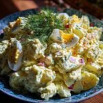 A close-up of Ultimate Delicious Potato Salad, creamy and rich, garnished with hard-boiled eggs, fresh dill, and red onion.