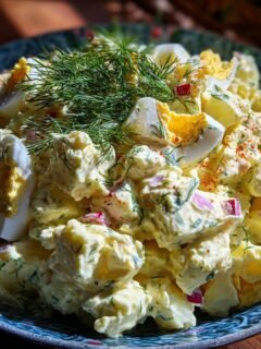 A close-up of Ultimate Delicious Potato Salad, creamy and rich, garnished with hard-boiled eggs, fresh dill, and red onion.
