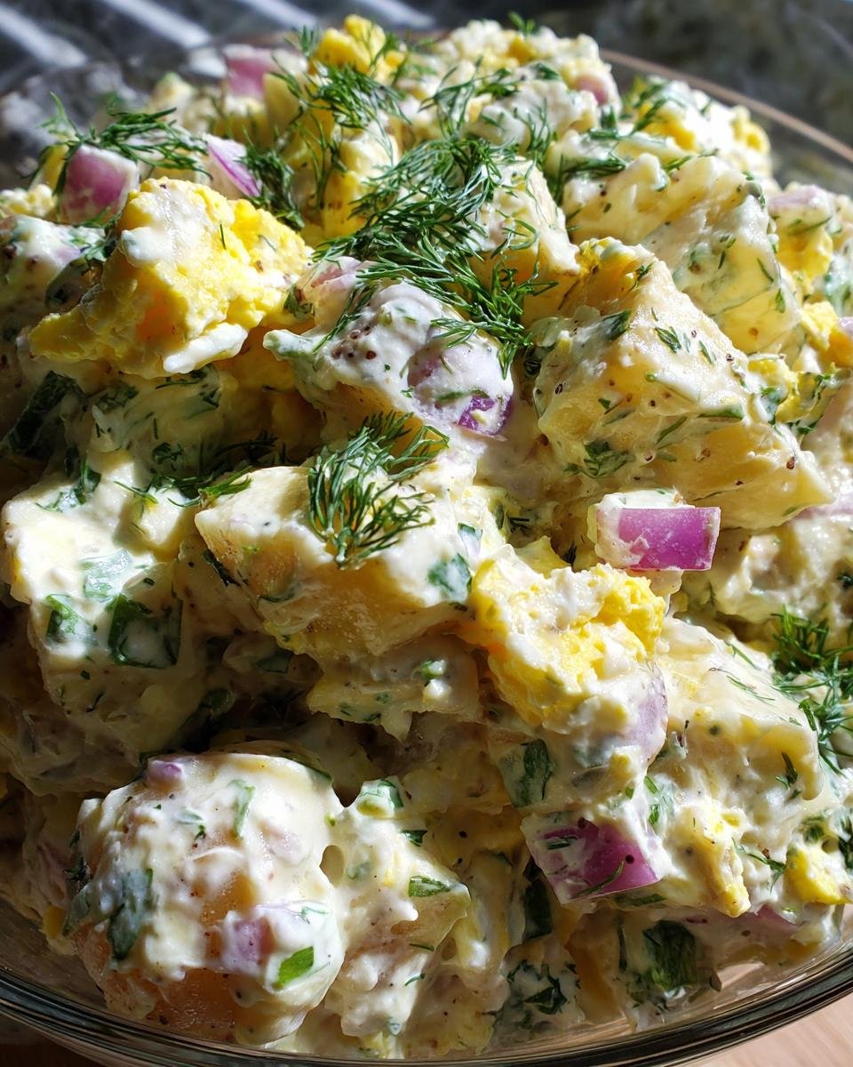 Close-up of Ultimate Delicious Potato Salad, featuring creamy dressing, chunks of potato, hard-boiled eggs, red onion, and fresh dill.