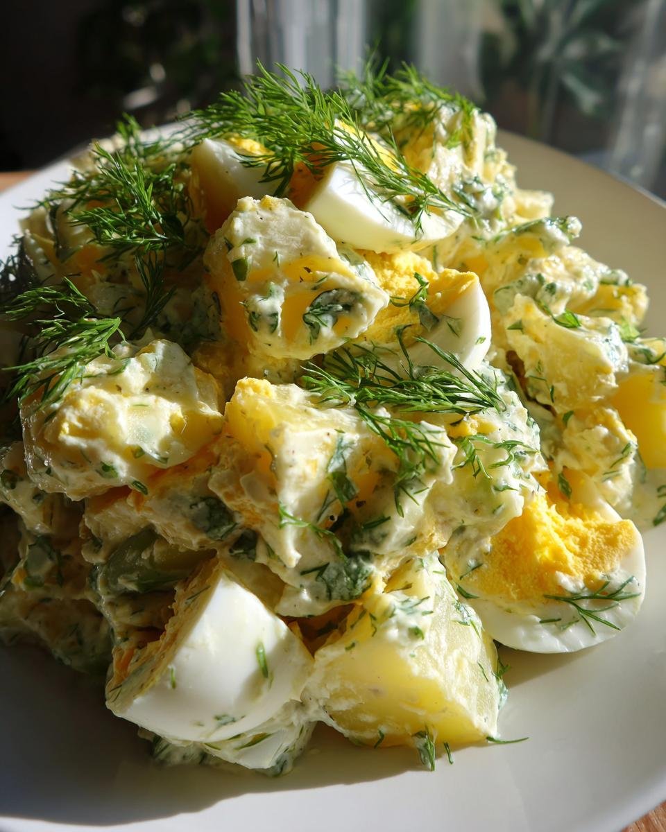 Close-up of Ultimate Delicious Potato Salad featuring chunks of potato, hard-boiled eggs, and fresh dill.