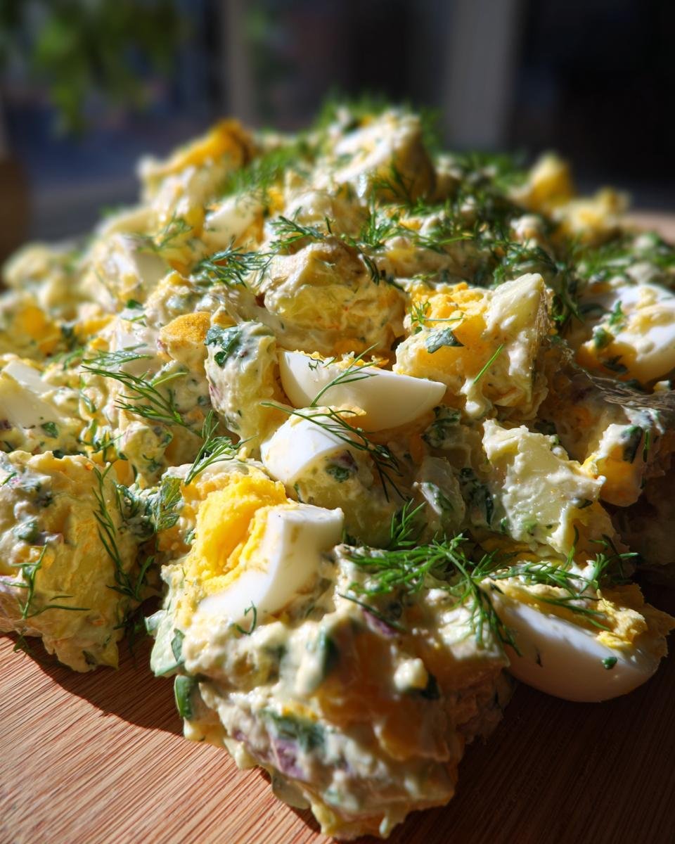 Close-up of Ultimate Delicious Potato Salad, featuring creamy dressing, chunks of potato, hard-boiled eggs, and fresh dill.