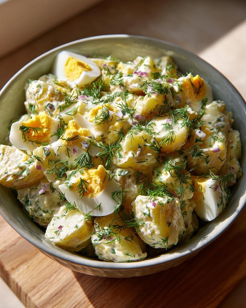 A close-up of Ultimate Delicious Potato Salad in a bowl, featuring creamy dressing, chunks of potato, sliced hard-boiled eggs, and fresh dill.