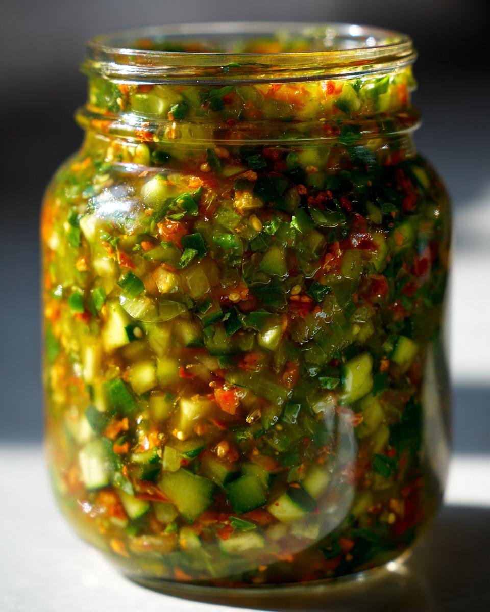 Close-up of a glass jar filled with chopped zucchini, peppers, and spices for an Ultimate Easy Sweet Zucchini Relish Recipe.
