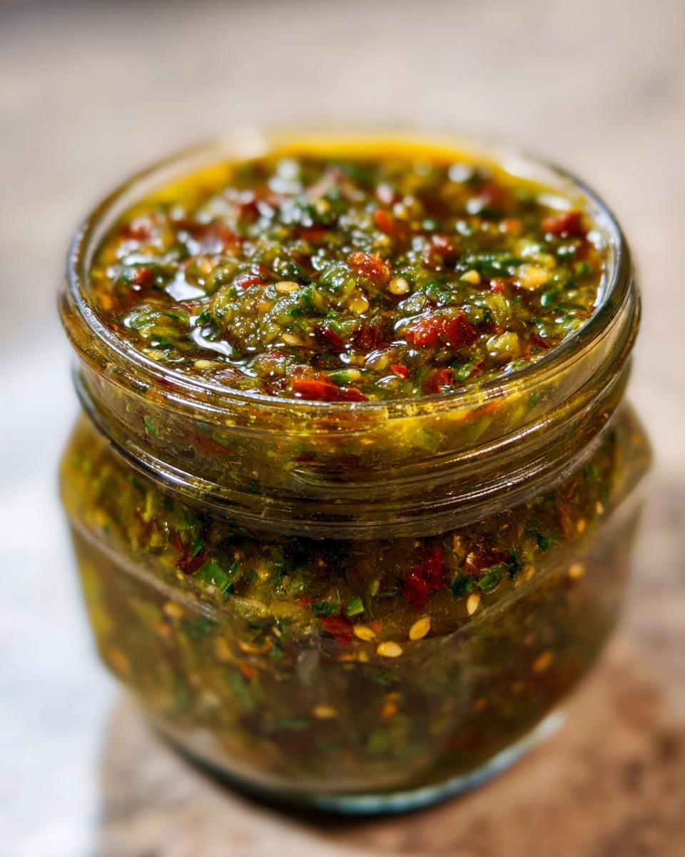 Close-up of a glass jar filled with vibrant Ultimate Easy Sweet Zucchini Relish, showing chopped zucchini, peppers, and herbs.