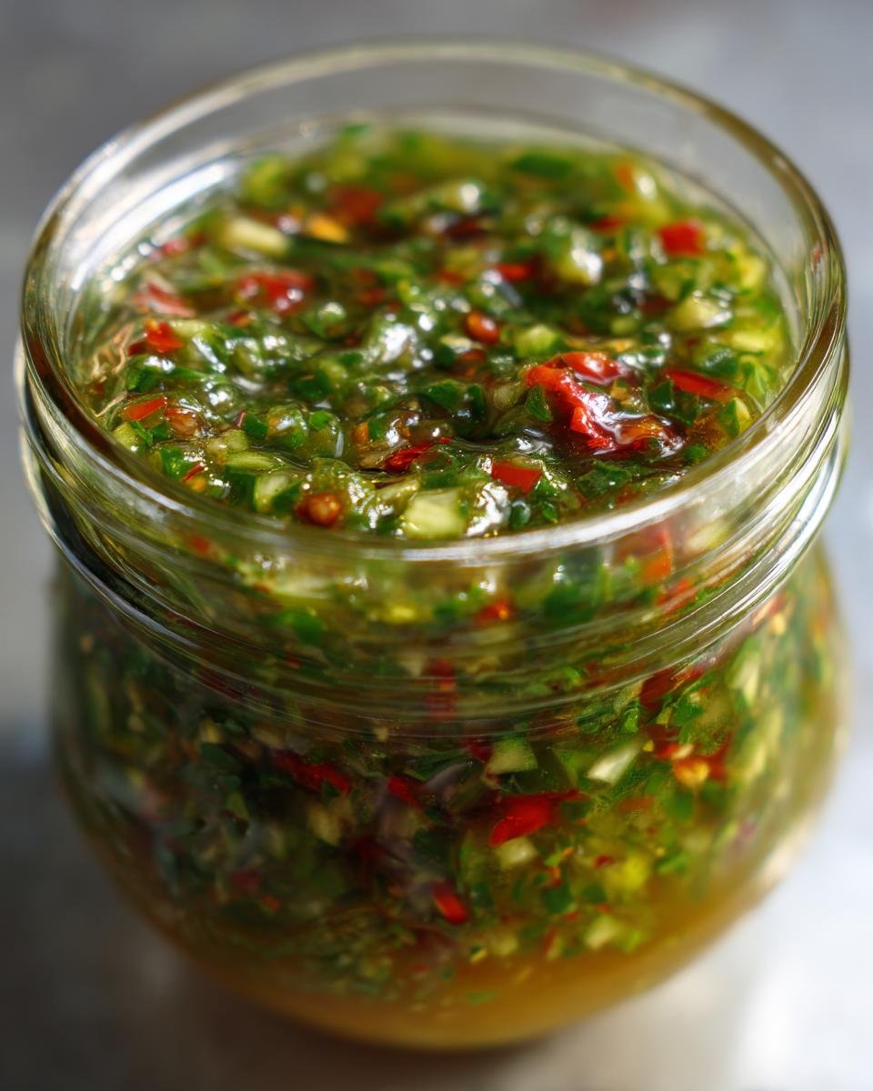 Close-up of a glass jar filled with Ultimate Easy Sweet Zucchini Relish, showing chopped zucchini, peppers, and herbs.