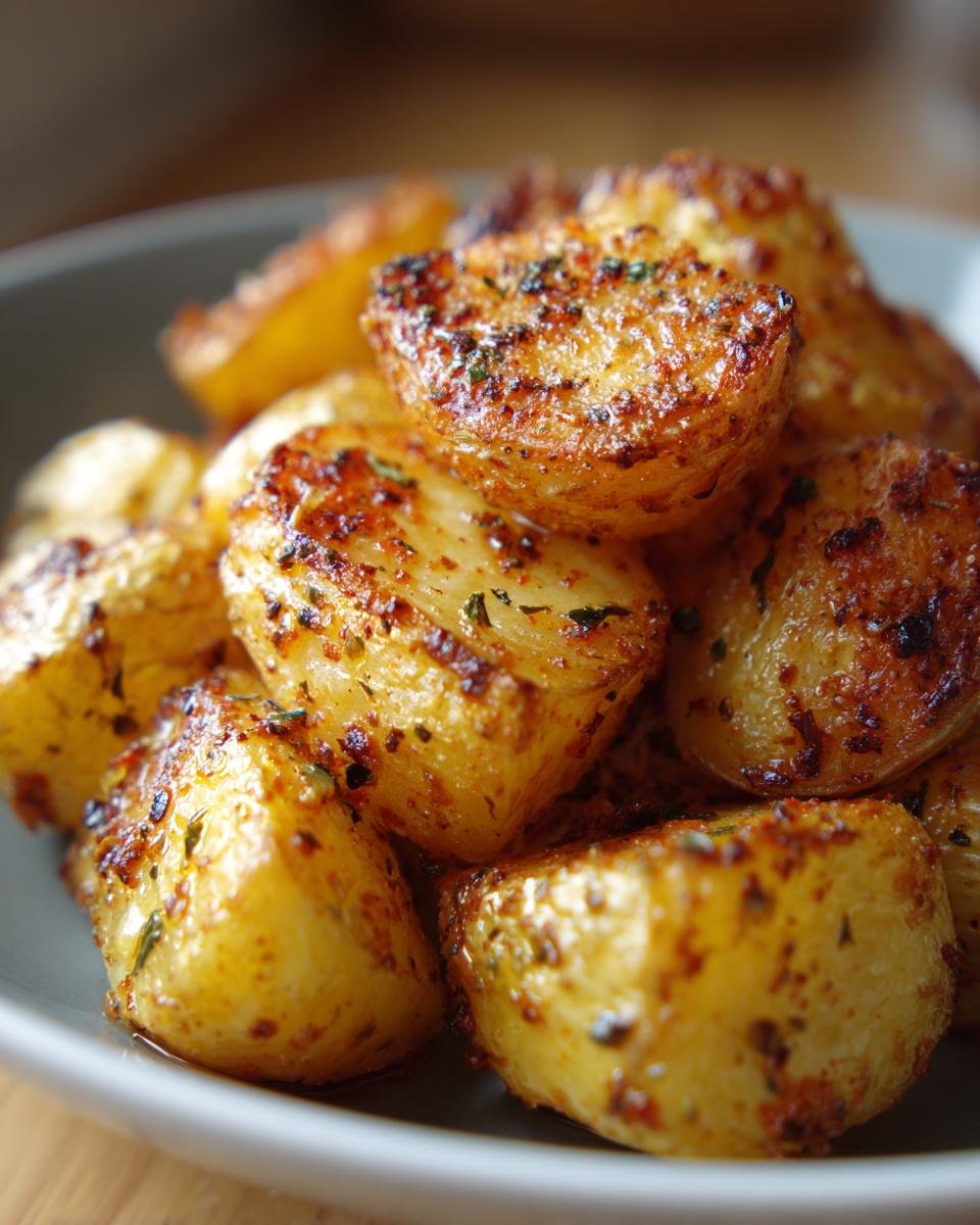 Close-up of crispy roasted potatoes, seasoned with herbs and spices, part of the Ultimate Potato Delight recipe.